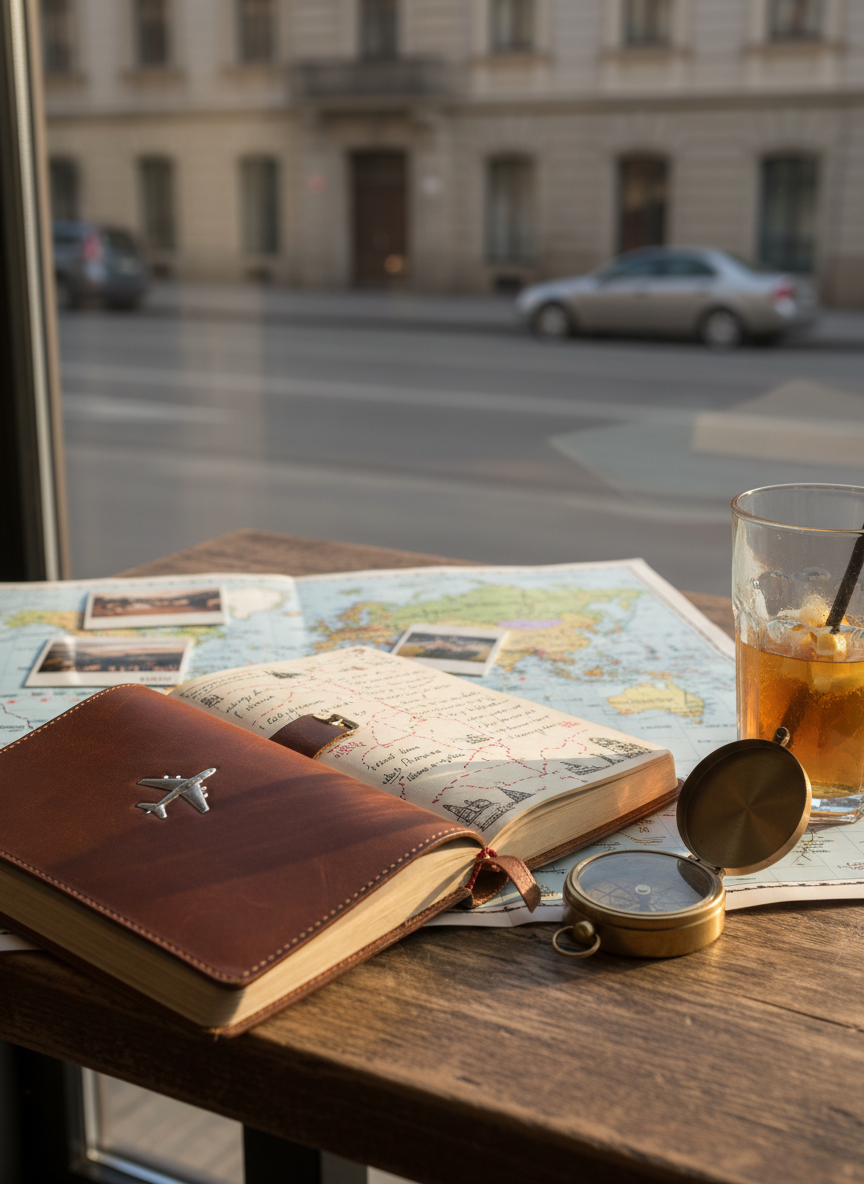 A weathered leather-bound travel journal stamped with a small silver airplane icon lies open on a wooden café table beside a slightly scuffed vintage compass and a colorful, creased world map. A half-finished iced drink in a clear glass beads with condensation nearby, capturing the playful spontaneity of mid-journey planning. Late afternoon sunlight filters through a large window, casting warm golden streaks and soft shadows across the pages filled with tiny, handwritten route lines. Photographic realism from a slightly elevated angle, shallow depth of field blurring the distant urban street outside, creates an inviting, adventurous mood, as if the blog itself is this living, evolving map of world explorations.