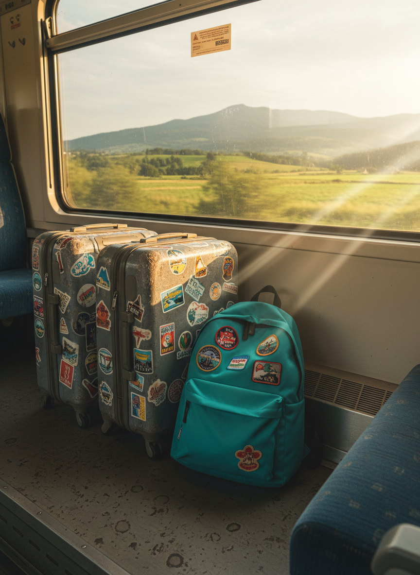 A compact, well-traveled backpack in bright teal nylon with playful travel patches sewn on the front pocket rests on the worn metal floor of a moving train, next to a pair of scuffed rolling suitcases adorned with vibrant destination stickers. Through the large train window, a blurred countryside of green fields and distant mountains rushes by, captured in soft motion blur. Warm, late-afternoon light pours in, creating dynamic streaks of brightness across the luggage and subtle reflections in the glass. Photographic realism from a slightly low angle, with strong perspective lines of the train interior, sets an energetic, in-transit mood, perfect for illustrating personal travel updates between destinations.