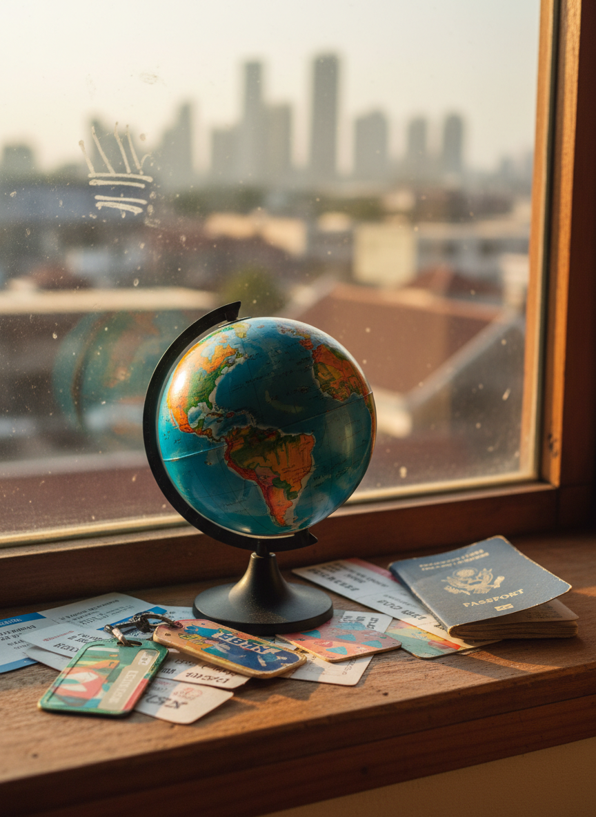 A small, brightly painted globe with slightly chipped edges balances on the edge of a sunlit windowsill of a cozy hostel room, surrounded by scattered boarding passes, colorful luggage tags, and a well-used passport with frayed corners. Outside the window, a blurred city skyline hints at distant skyscrapers and rooftops. Morning light pours in, creating soft highlights on the globe’s glossy oceans and gentle shadows on the textured wooden sill. Photographic realism at eye level, using rule-of-thirds composition and shallow depth of field, gives the scene a playful, optimistic mood, capturing the feeling of waking up in a new country, ready for the next chapter of personal travel adventures.